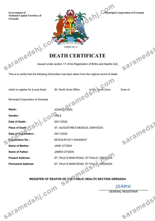 Grenada vital record death certificate Word and PDF template